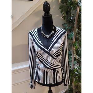 INC Blouse Women's Medium Black White Striped Long Sleeve Wrap Top Rayon
